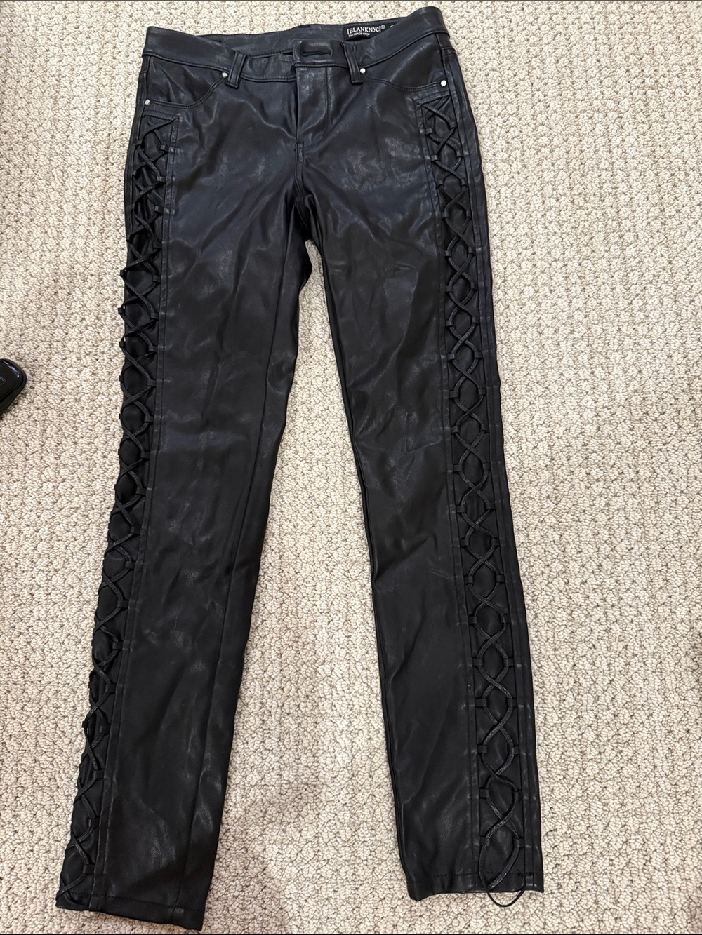 Blank NYC Black Faux Leather Skinny Pants with Side Lace-Up Detail